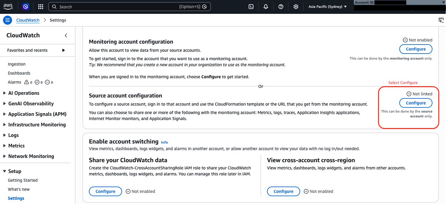 Screenshot of the CloudWatch console in a source account showing the Source account configuration section with a Configure button to set up data sharing with the monitoring account.