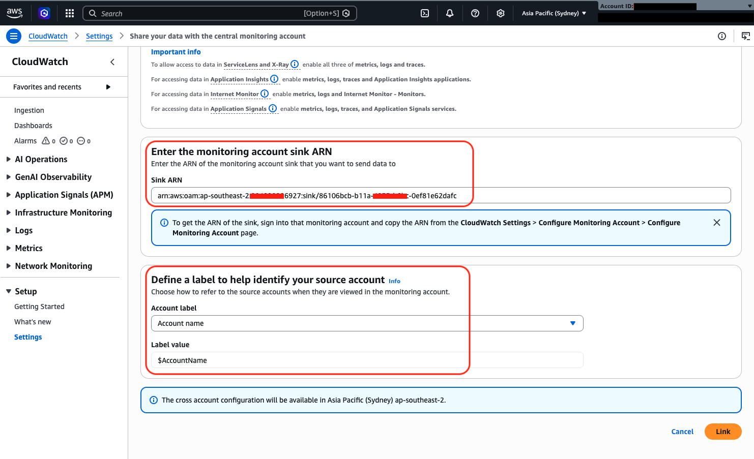 Screenshot of the source account configuration page with fields to enter the monitoring account sink ARN and define an account label for identification in the monitoring account.