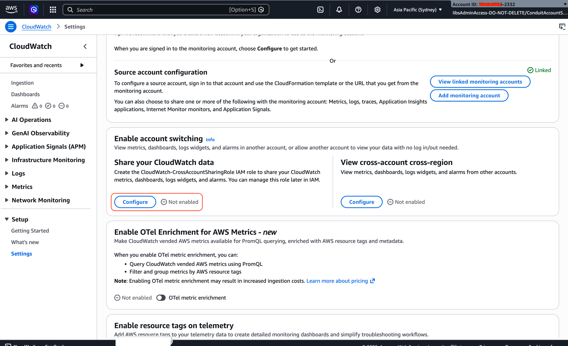 Screenshot of the CloudWatch Settings page in a source account showing the View cross-account cross-Region section with a Configure button to enable account switching.