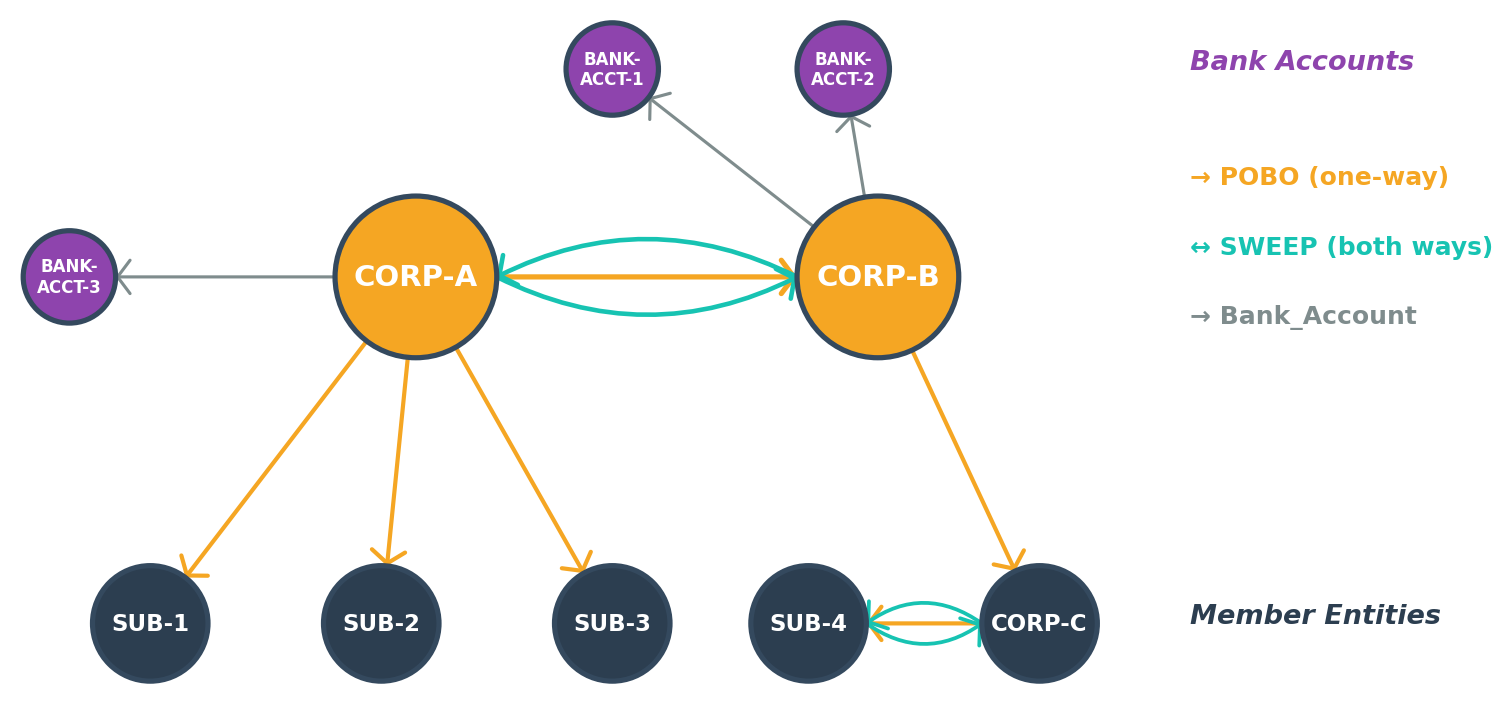 Treasury center hierarchy graph with company code nodes connected through labeled edges