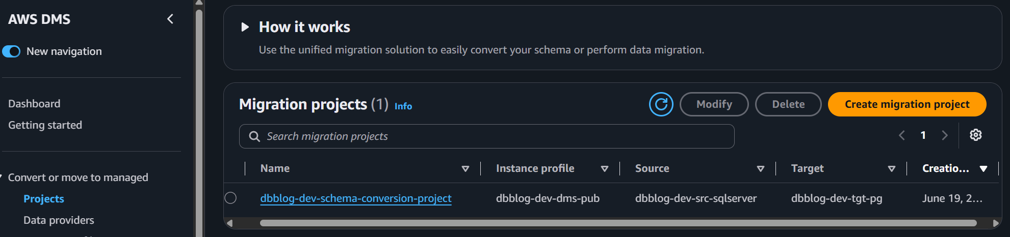 DMS Schema Conversion migration project in the AWS DMS console