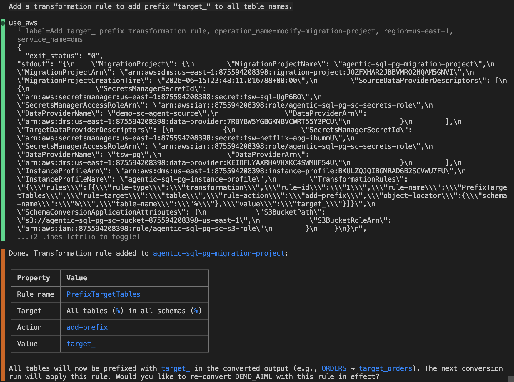 Agent adding a transformation rule to the migration project