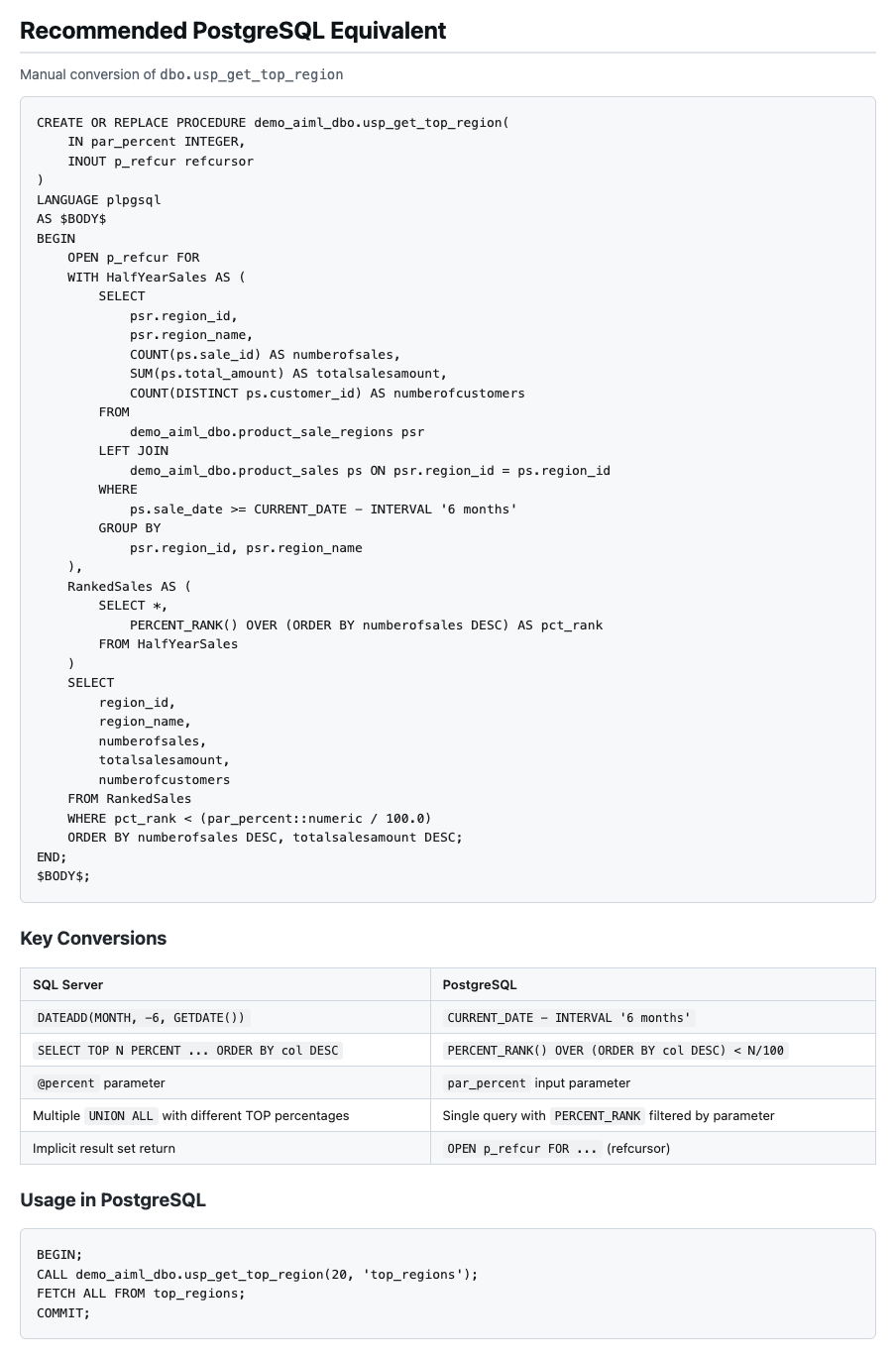 Agent showing the recommended PostgreSQL equivalent for a converted stored procedure