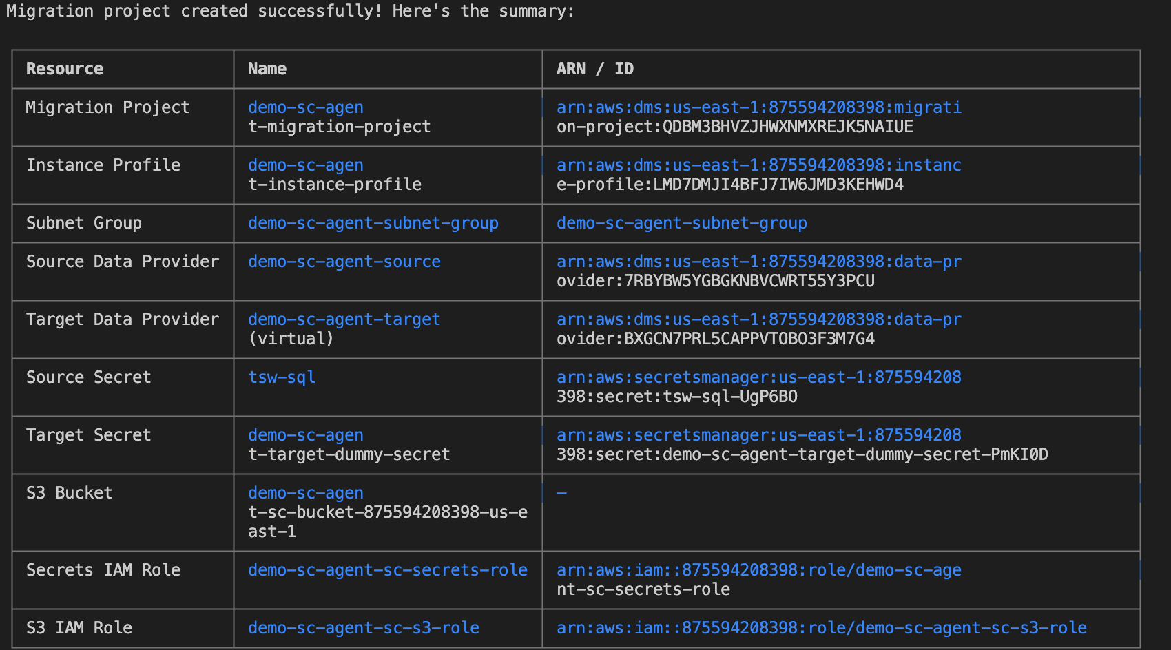 Agent creating source and target data providers, an instance profile, and a migration project that links them
