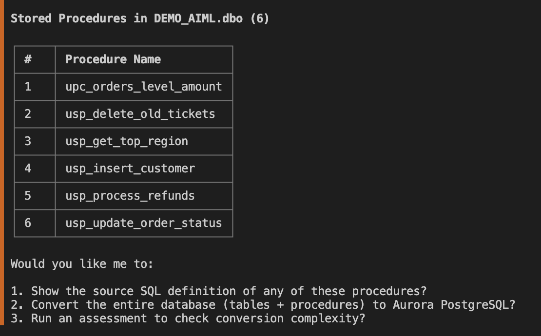Agent listing the stored procedures in the DEMO_AIML.DBO schema