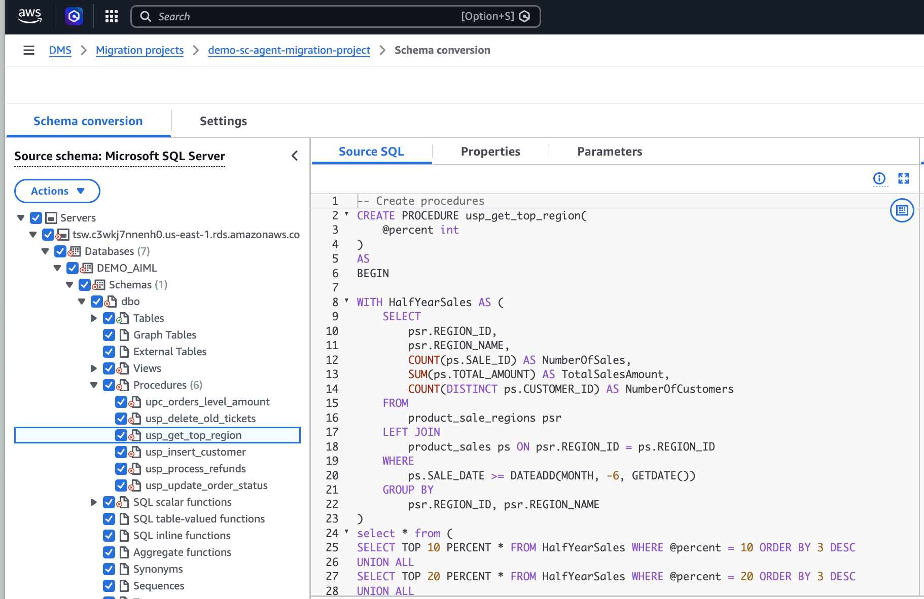 Source metadata tree for the database shown in the DMS Schema Conversion console
