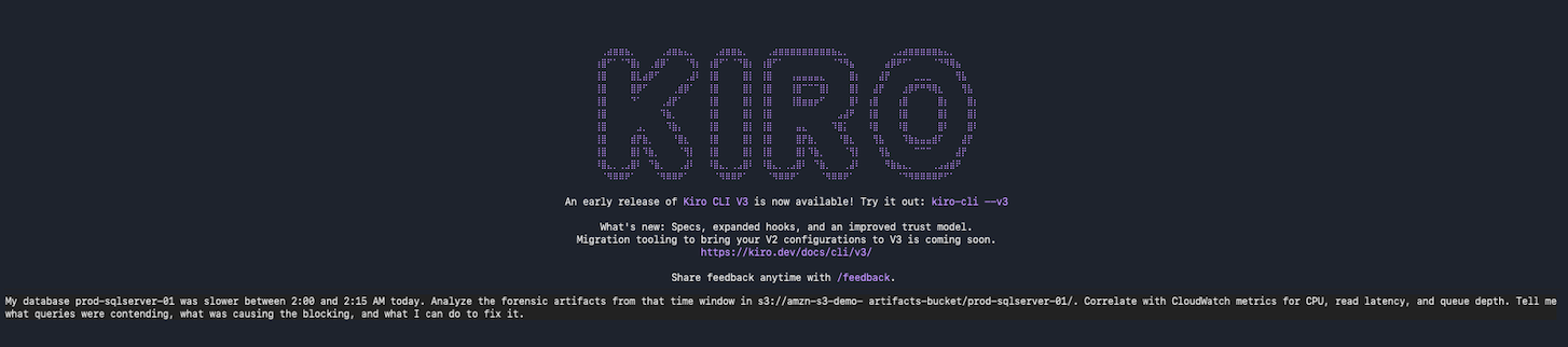Kiro CLI session showing the forensic-analysis prompt entered for the prod-sqlserver-01 database
