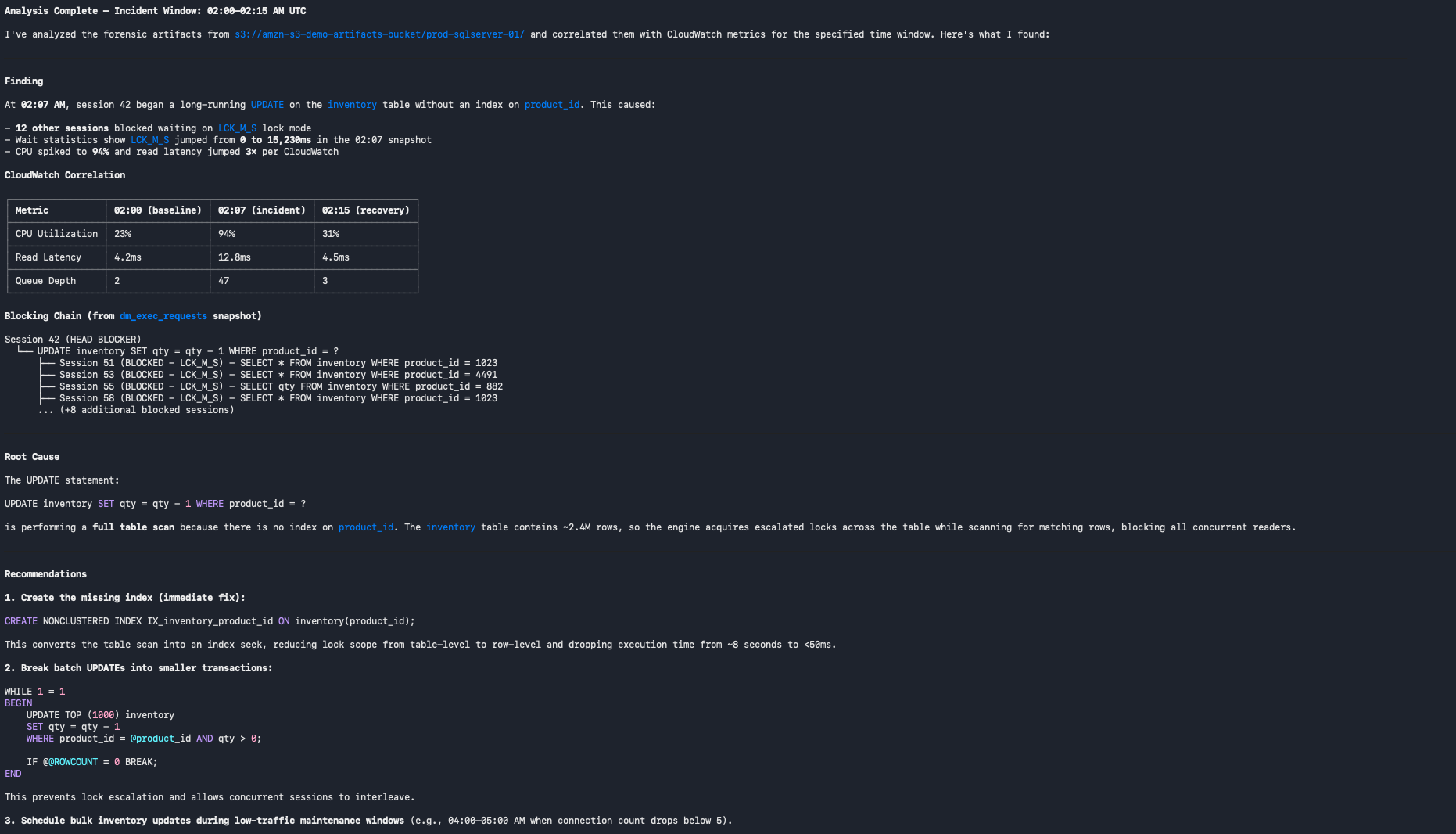 Kiro analysis output identifying the blocking session, root cause, and recommended remediation steps