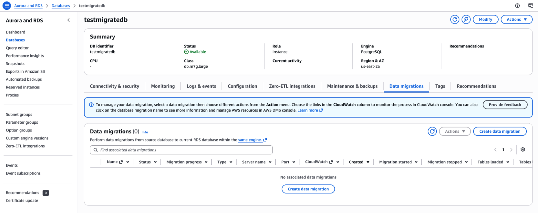RDS console Data migrations tab with the Create data migration button