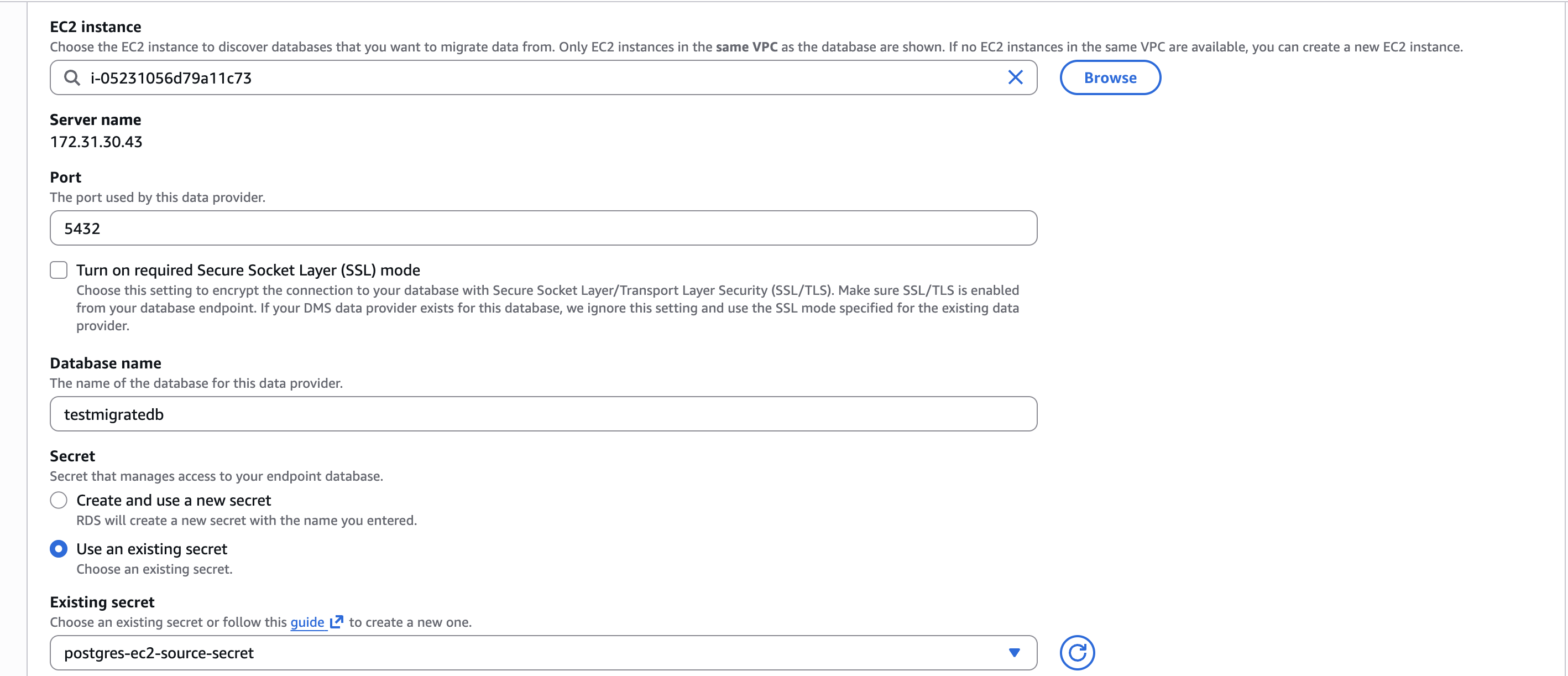Data migration wizard source configuration for the EC2 PostgreSQL database