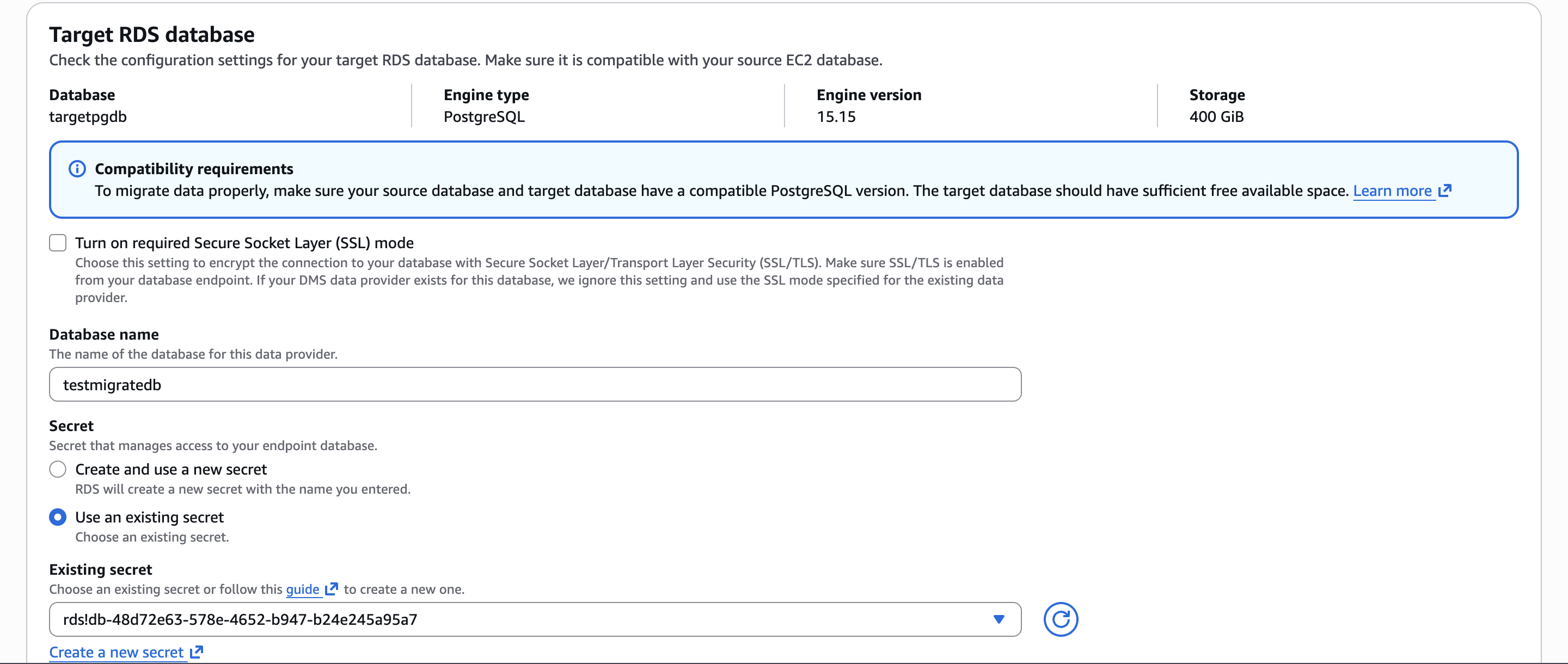 Data migration wizard target configuration for the RDS for PostgreSQL instance
