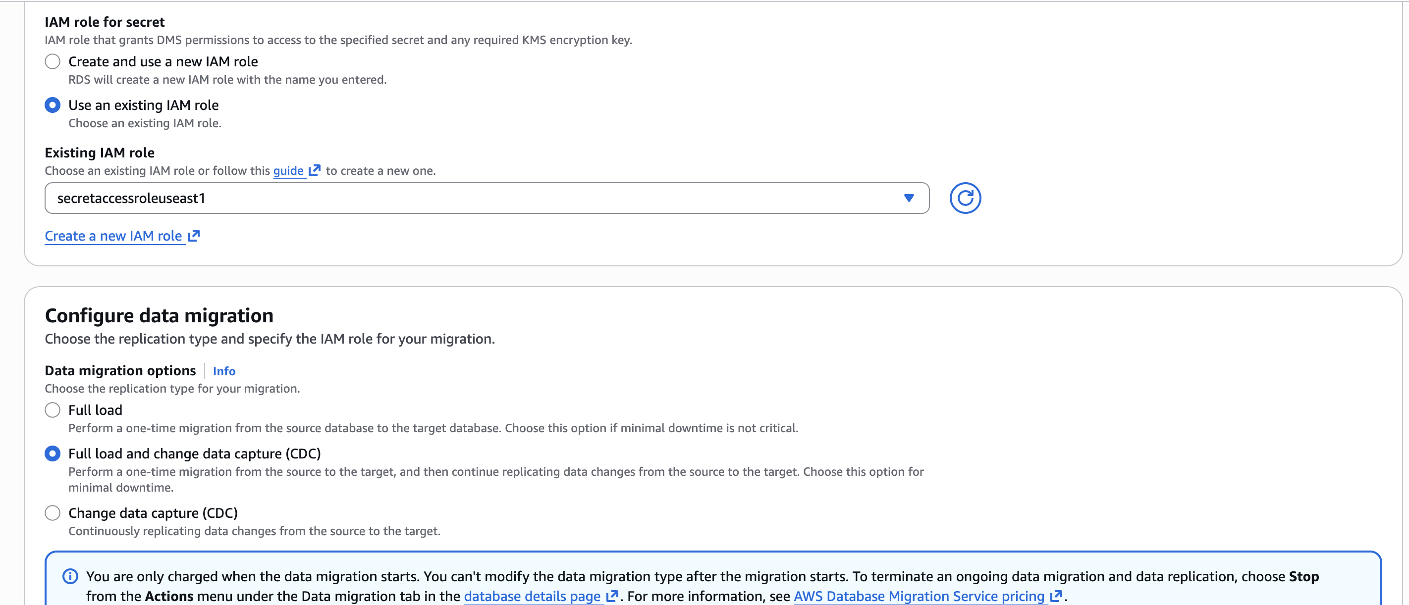 Migration type selection with full load and CDC options in the data migration wizard