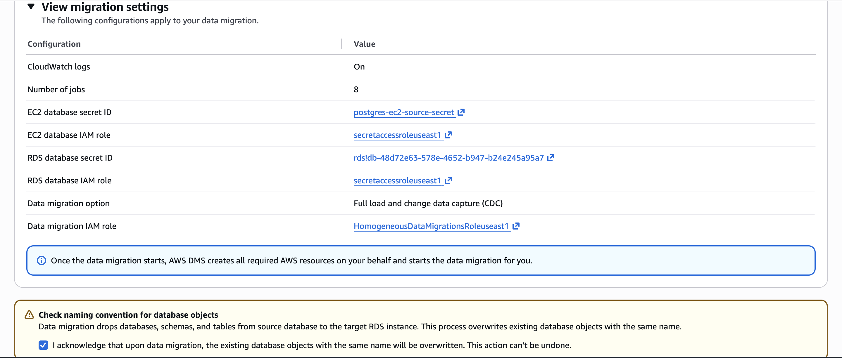 Review page showing the configured data migration settings before launch