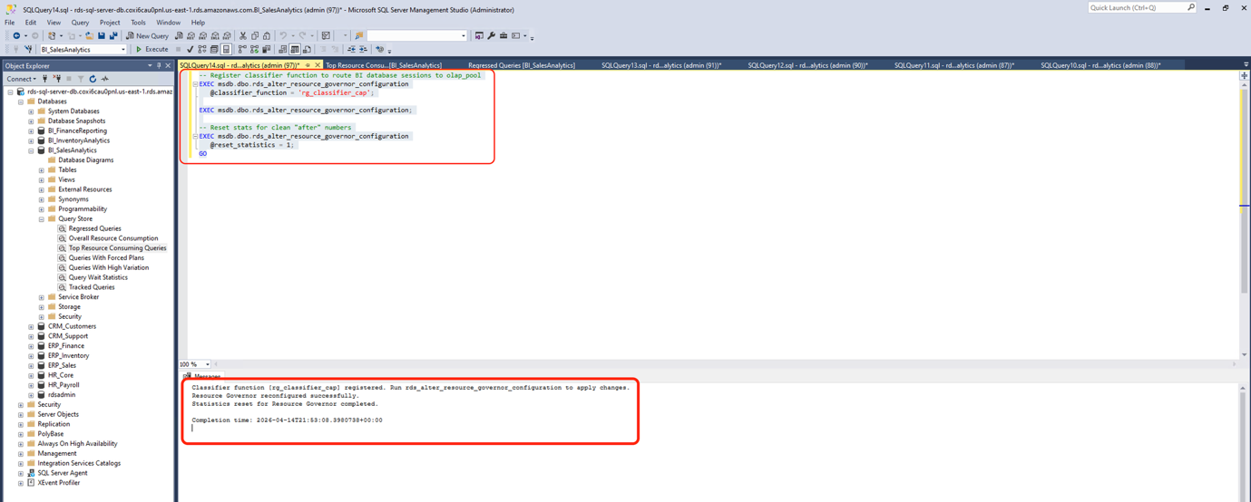SQL Server Management Studio query window showing Resource Governor registration T-SQL with success messages