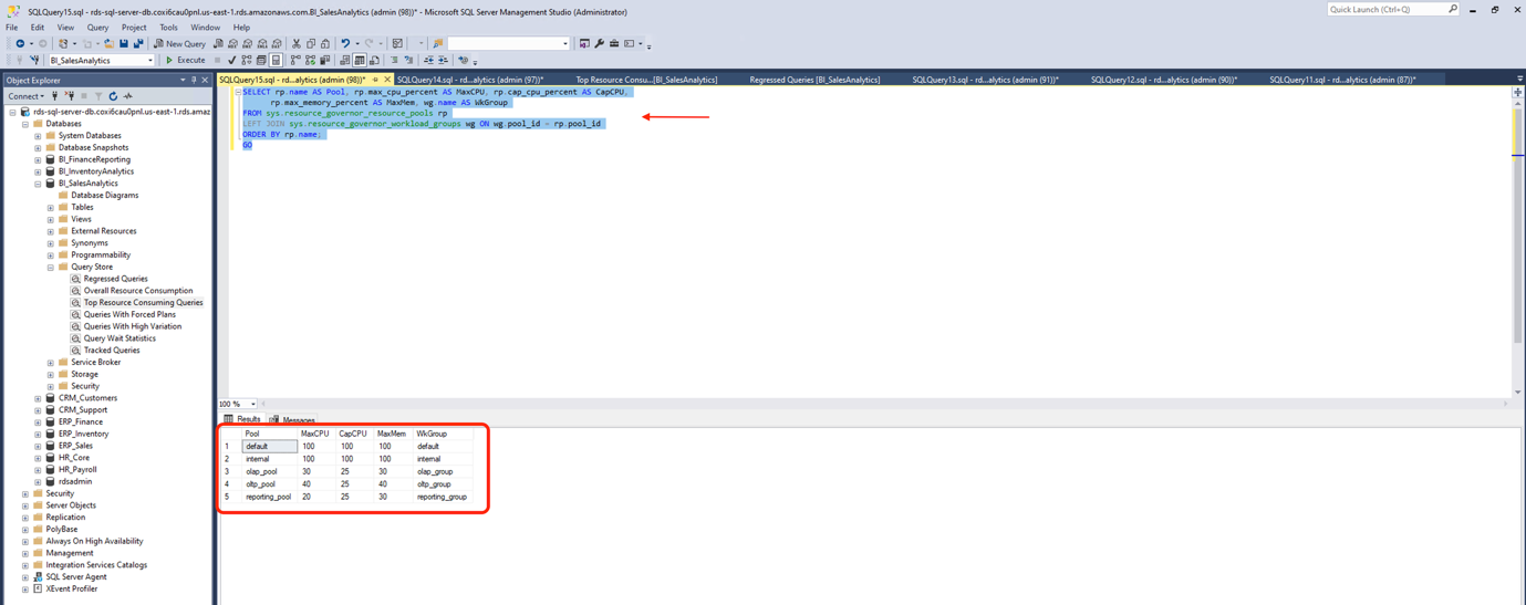 DMV query results showing five resource pools including reporting_pool with a 25% CPU cap