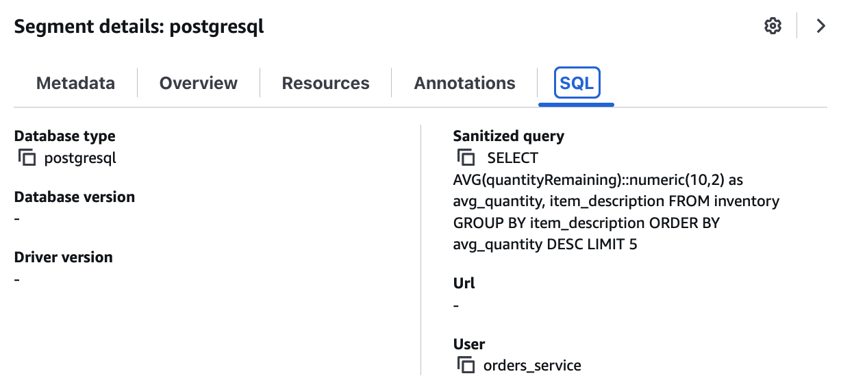 PostgreSQL segment details showing the sanitized SQL query and the orders_service database user