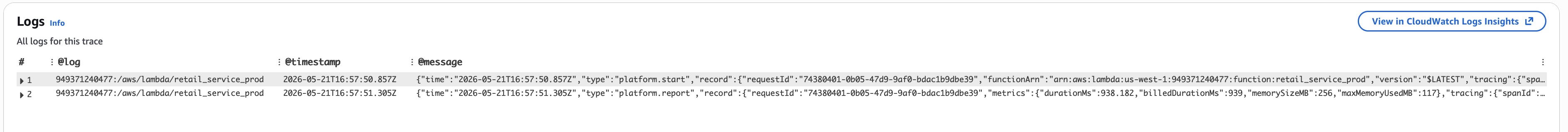 Lambda execution logs showing platform.start and platform.report events with duration and memory used