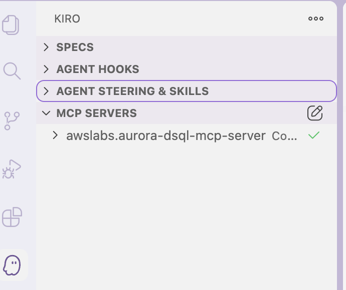 Kiro left panel with the Kiro icon selected and the MCP SERVERS section open