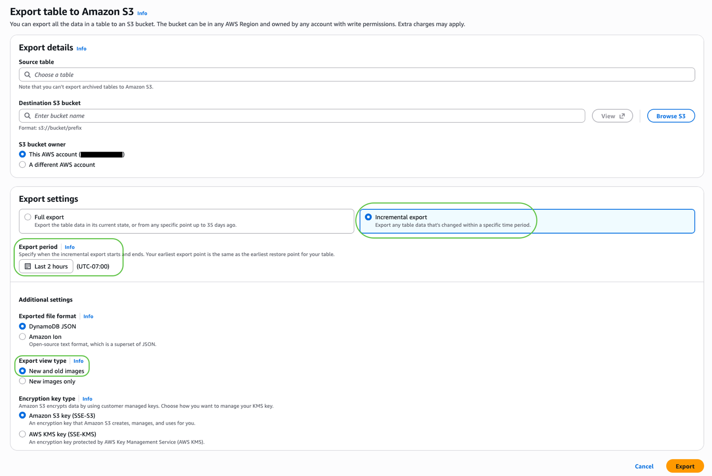 Diagram of an incremental export capturing changes to a DynamoDB table over a 2-hour migration window