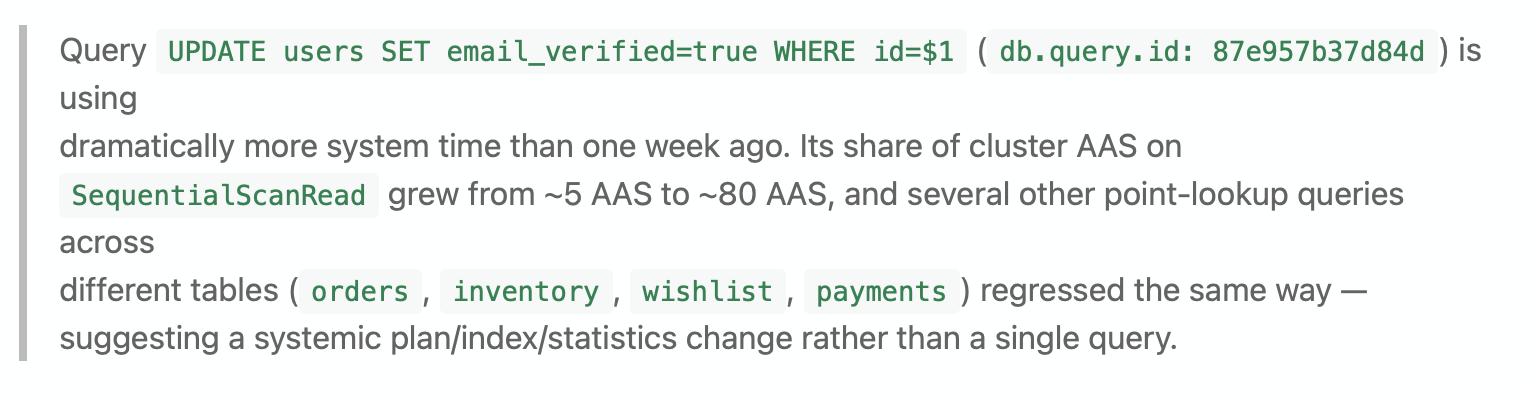 Diagnostics report highlighting a query flagged as a candidate for a poor execution plan