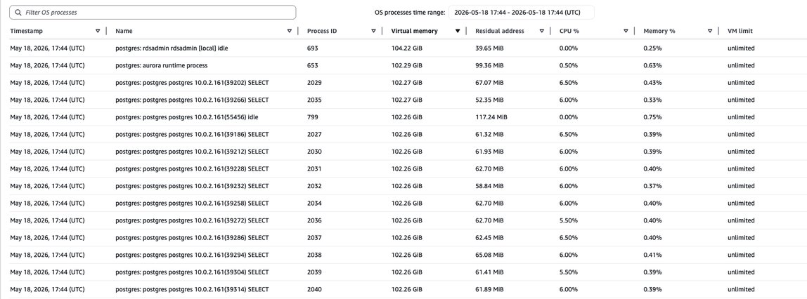 CloudWatch Database Insights OS Processes view listing PostgreSQL backends with elevated memory consumption