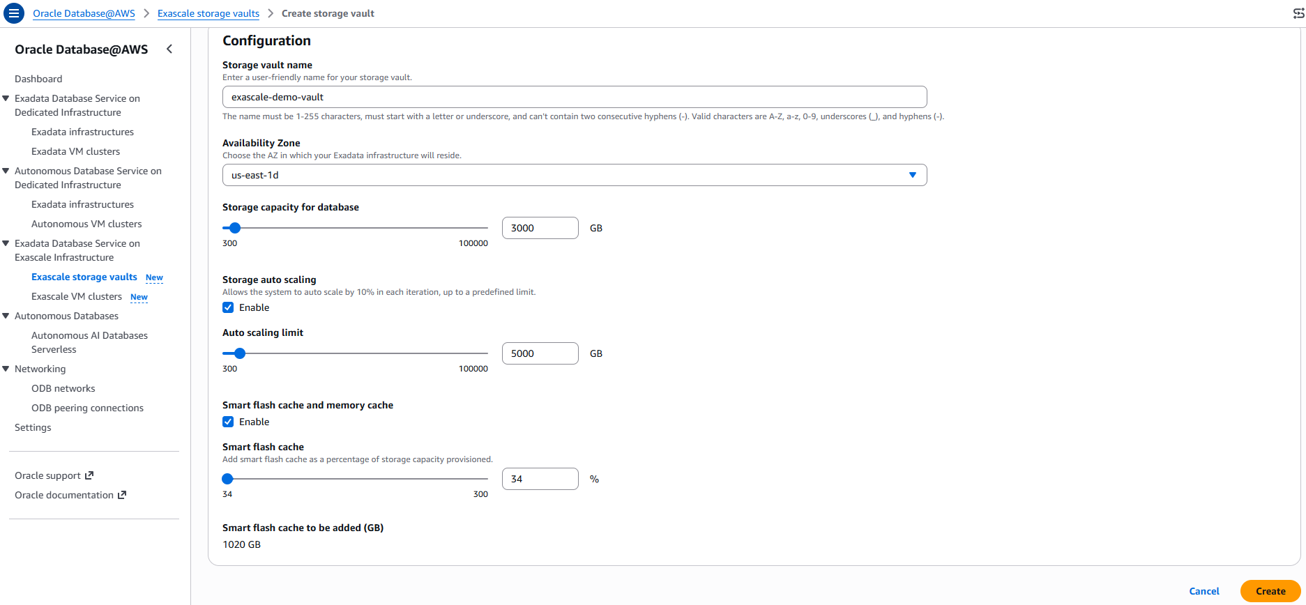 Create storage vault page showing storage capacity, storage auto scaling, and Smart flash cache settings