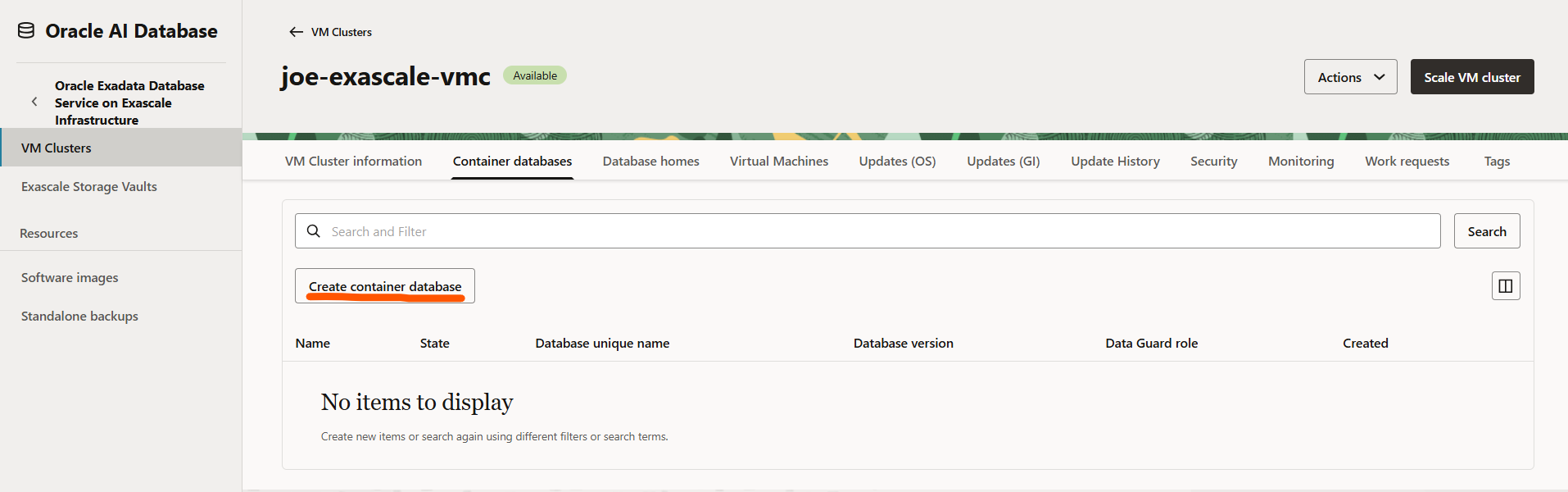 OCI Console VM cluster page on the Container databases tab with Create container database highlighted