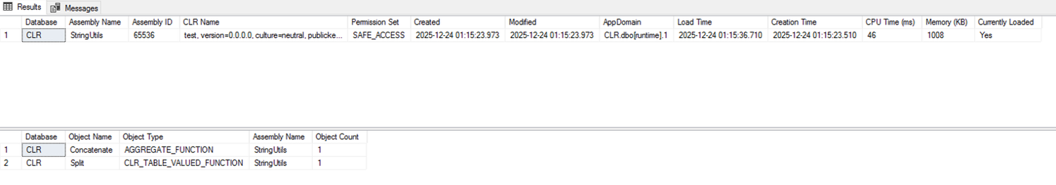 Assessment script output listing each CLR assembly with its permission set and whether it is currently loaded in memory