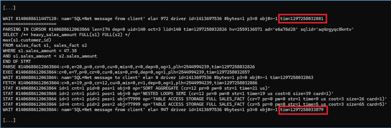 SQL Trace excerpt with two consecutive message from client waits highlighted in red