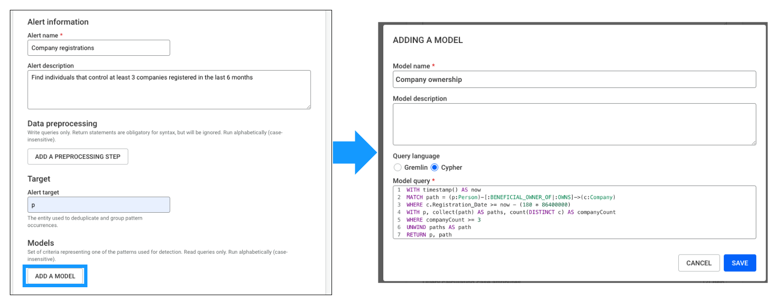 Alert case management list in Linkurious Enterprise showing flagged results for review