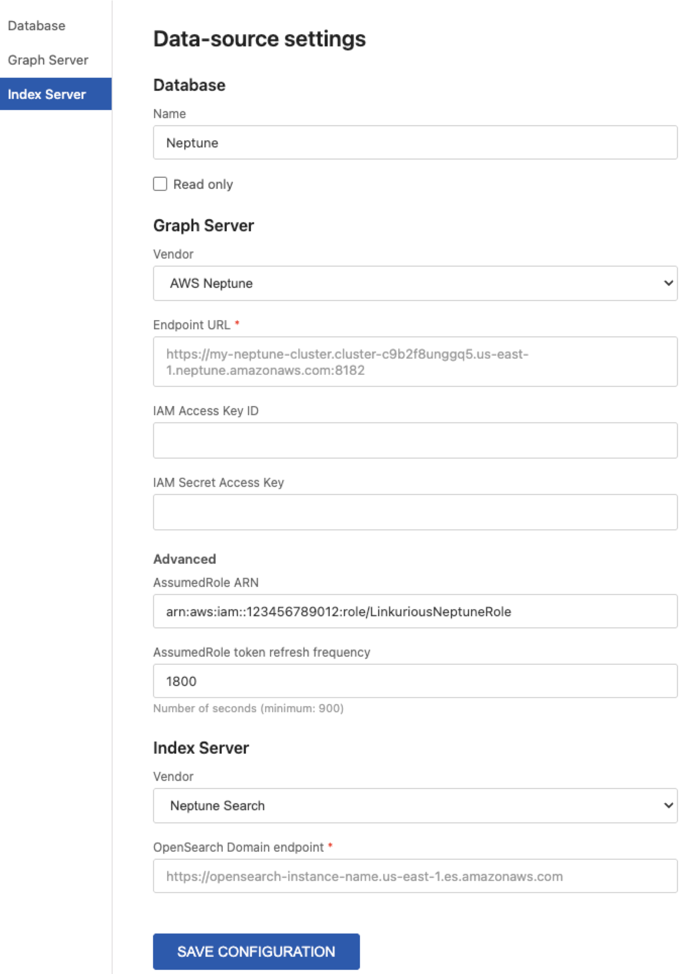 Linkurious Enterprise data-source settings page for configuring the Neptune connection