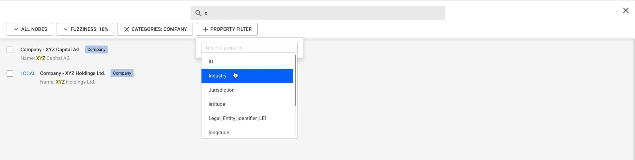 Advanced search interface in Linkurious Enterprise with fuzziness, category, and property filters