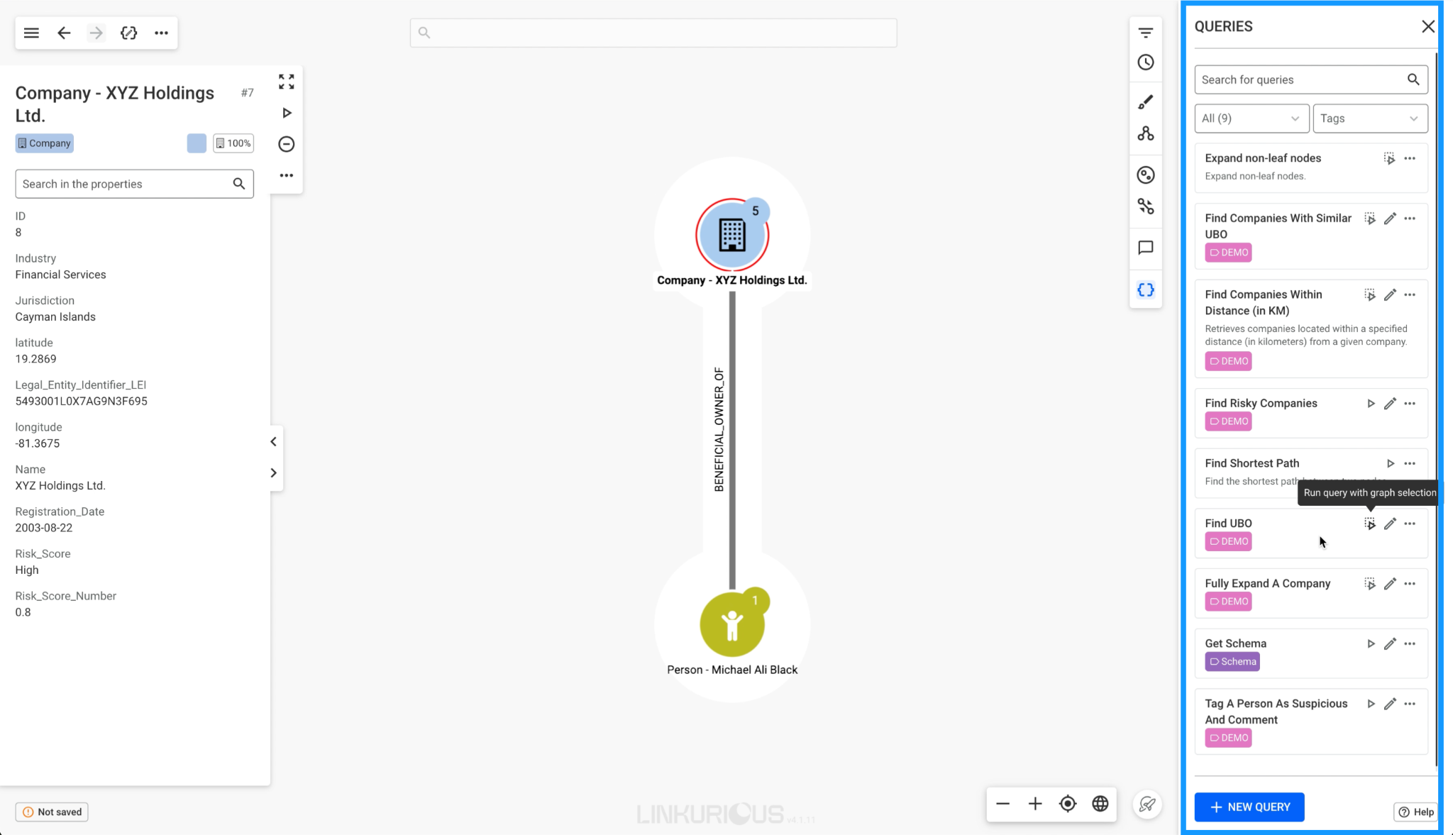Query panel in Linkurious Enterprise running a query against Neptune graph data