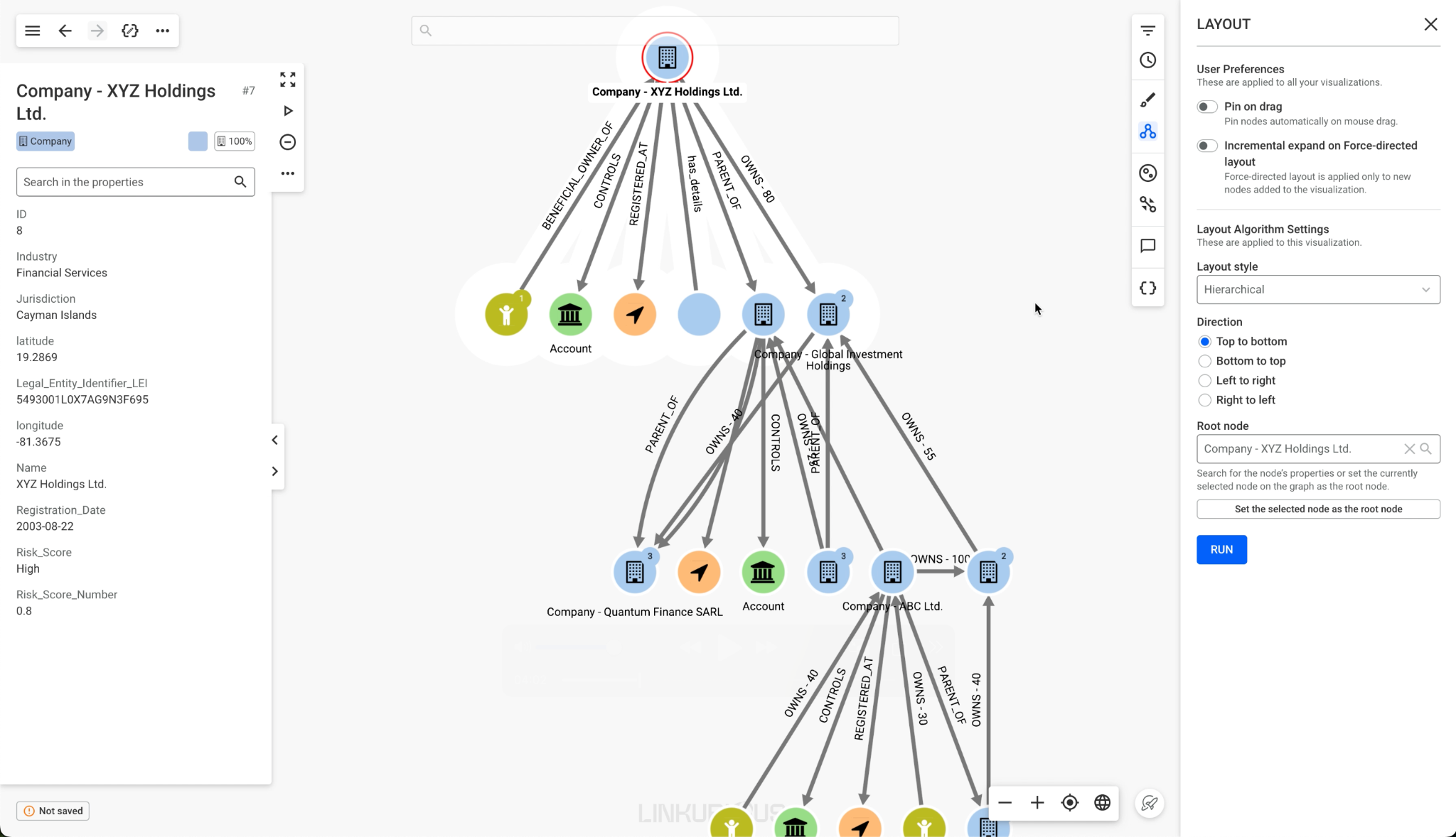 Expanded network visualization in Linkurious Enterprise showing emerging ownership structures