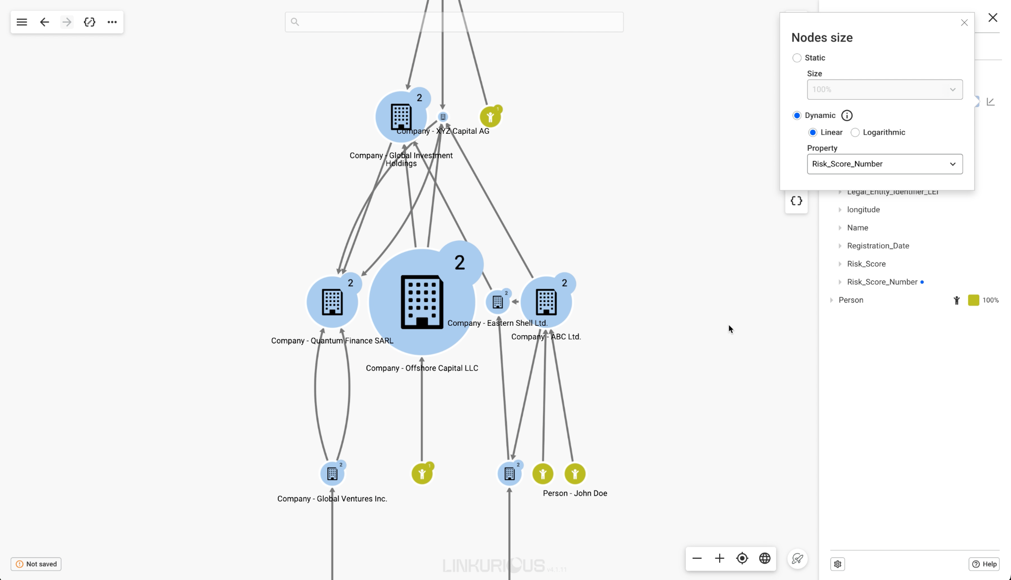 Filter panel in Linkurious Enterprise for narrowing the visualization by company properties
