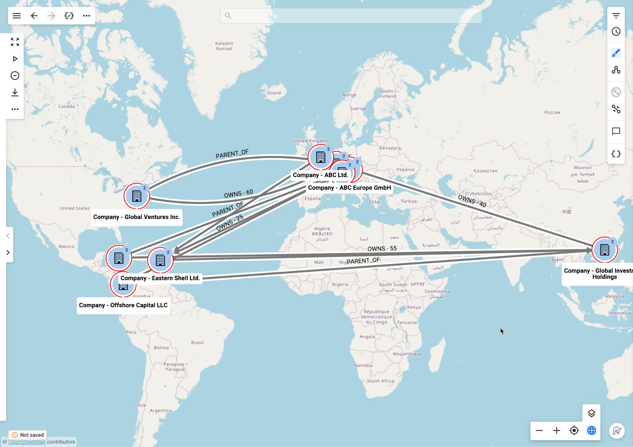 Geo mode in Linkurious Enterprise showing the network plotted on a map
