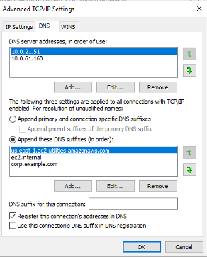 Add on-premises DNS servers’ addresses and append DNS suffixes for AD domain name