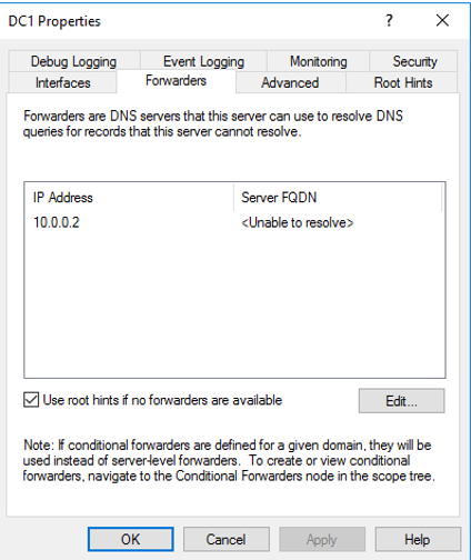 Configuring the Windows DNS server forwarder settings