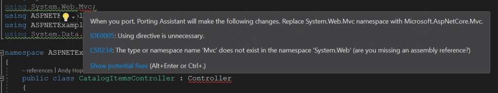 If you navigate to the line of code referred to by a recommendation and open the Code Actions for that recommendation, you will be presented with a set of options including those that the Porting Assistant can perform.