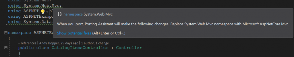 If you navigate to the line of code referred to by a recommendation, you can review the actions that the Porting Assistant suggests or can perform on that code.