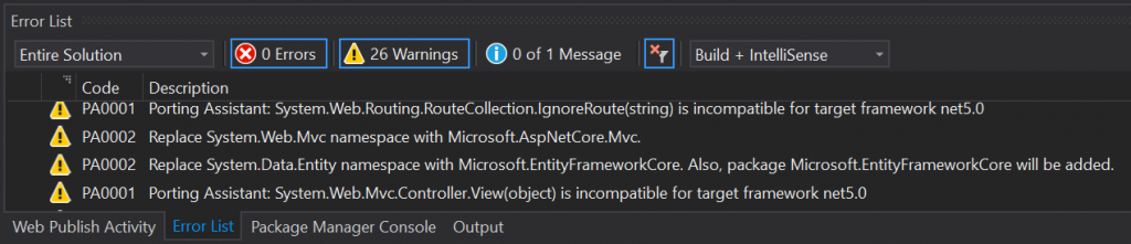 After an assessment has completed, and you open a C# file, you will see a list of Porting Assistant recommendations in the Error List window.