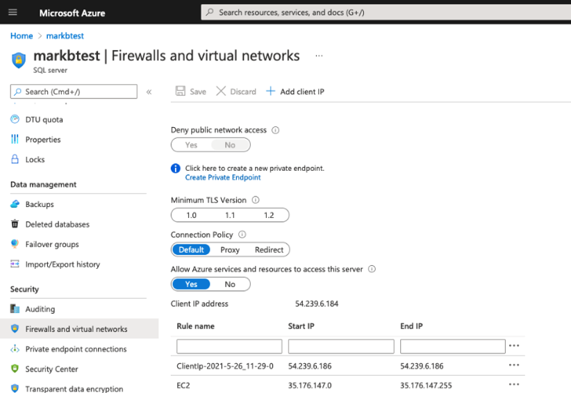 Configuring AzureSQL firewall for SCT Access