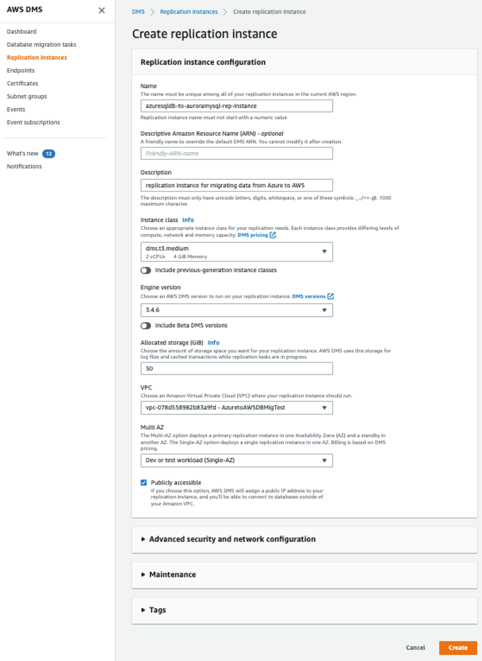 Creating a DMS Replication Instance