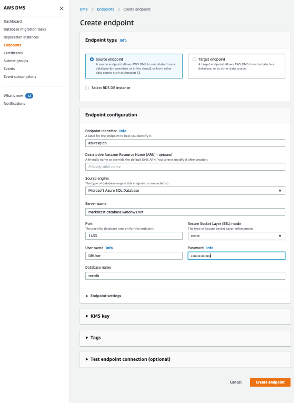 Creating a source endpoint to AzureSQL