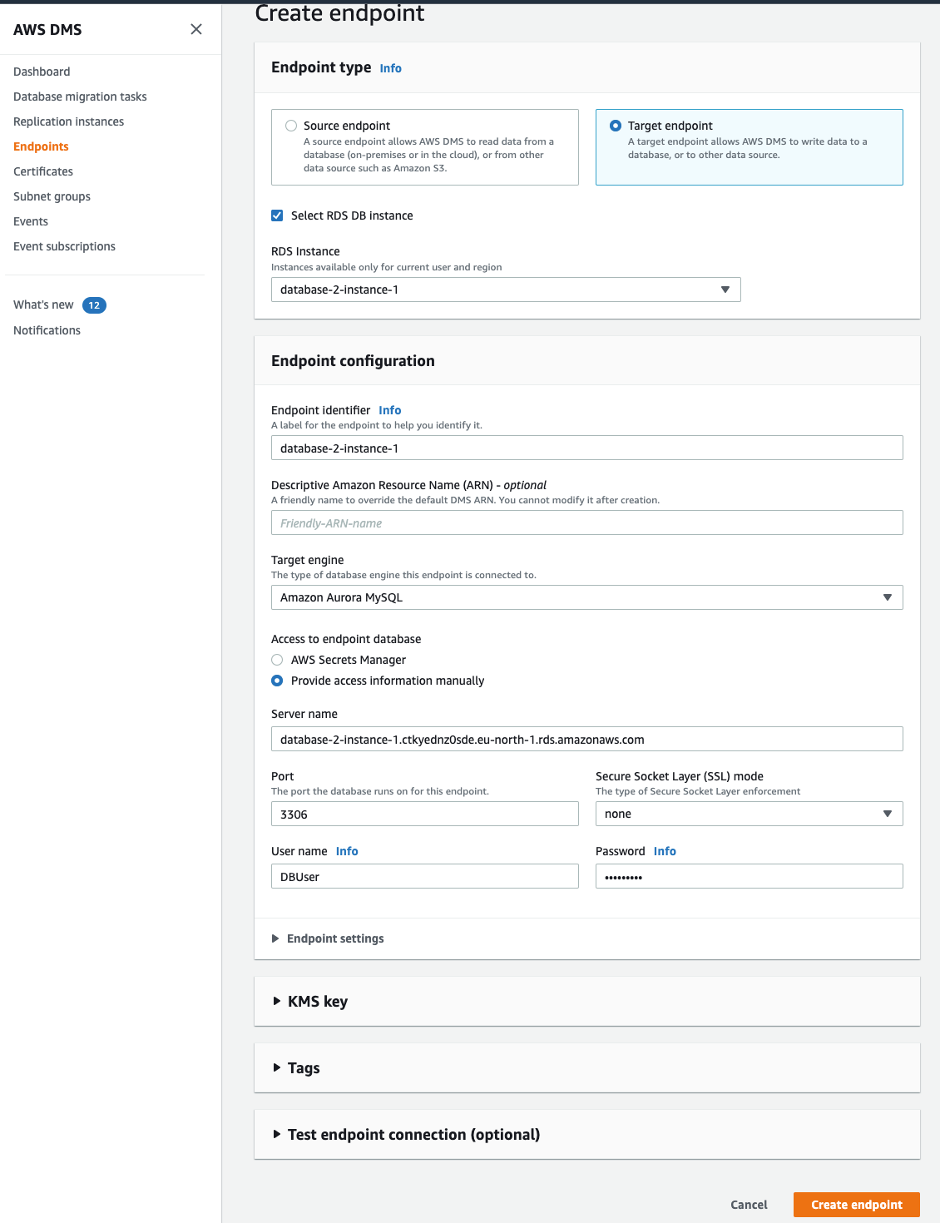 AWS DMS endpoint creation to Aurora