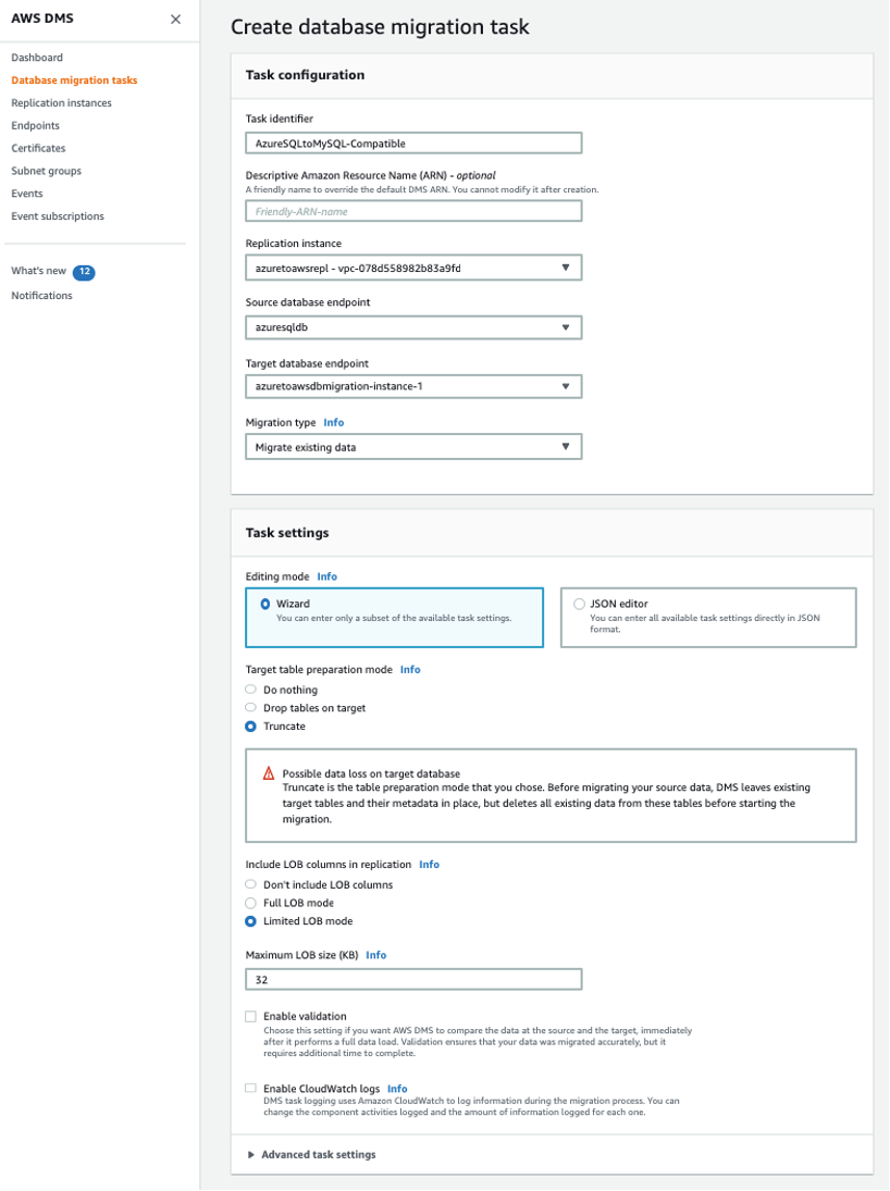 Create AWS DMS instance