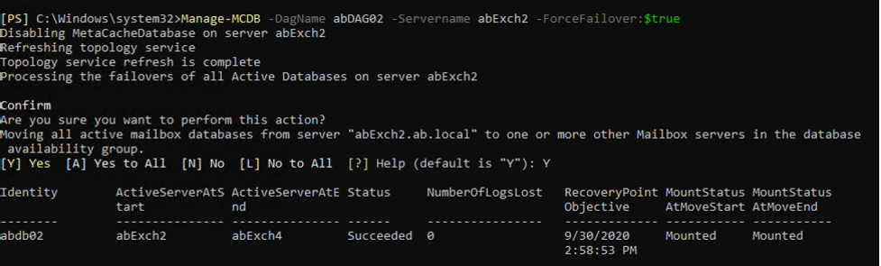 Figure 6. Output of the Manage-MCDB command forcing server failover