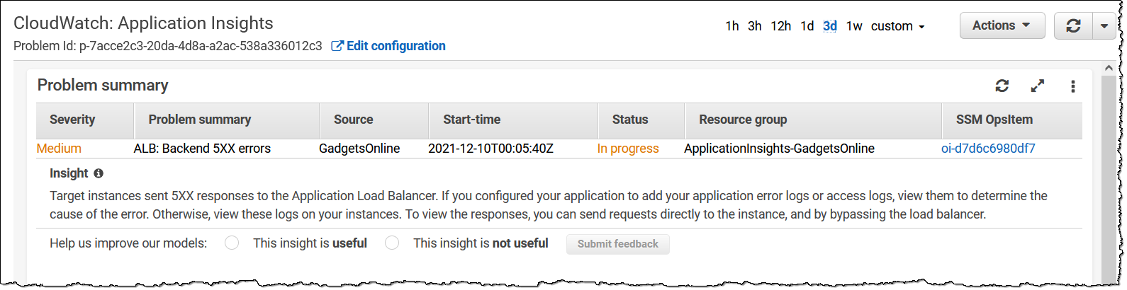 Figure 1 : CloudWatch Application Insights problem summary