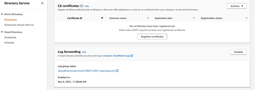 Enable Log Forwarding in AWS Managed Microsoft AD