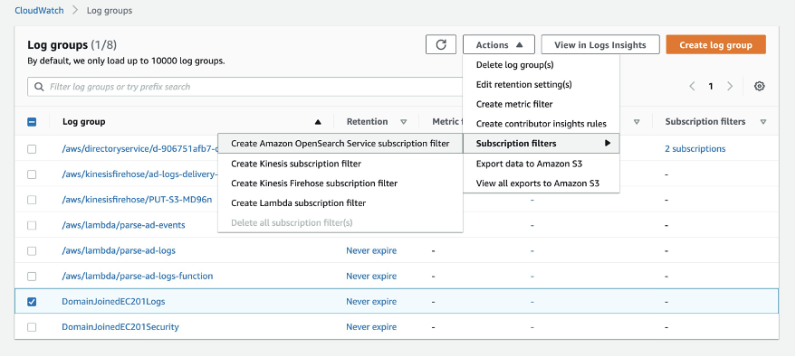 Subscription to Amazon CloudWatch log groups